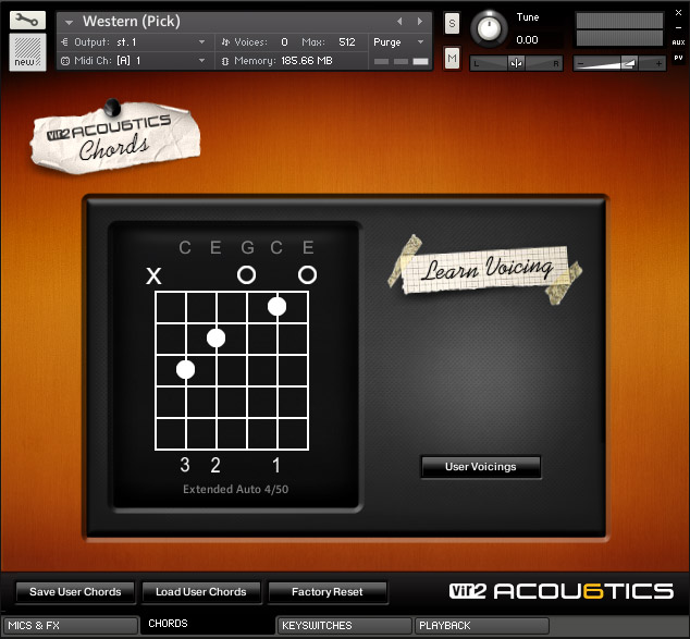 The Chords page displays the current chord voicing and also allows you to create custom chord voicings.